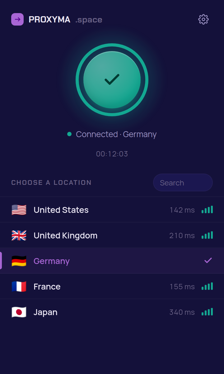 The Proxyma popup, connected and showing the location list